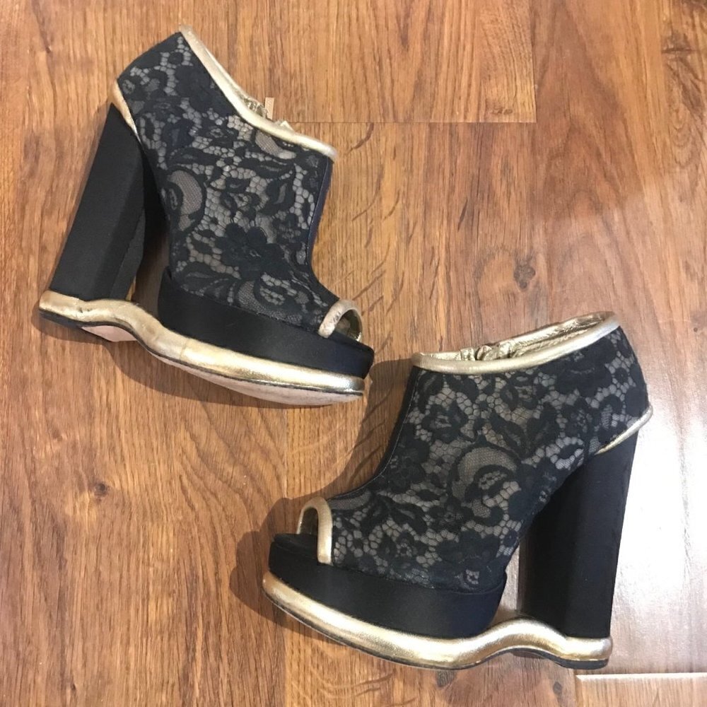 Dolce & Gabbana Black Lace Platform Wedge Heels with Gold Trim